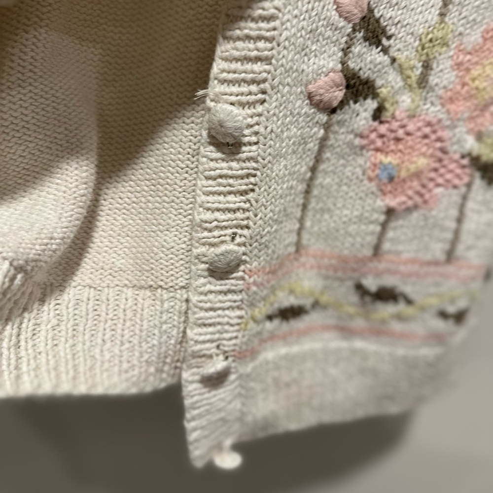 VTG Studio Style Sz: M Cream Hand Knit Cardigan Grandmacore Floral Cottagecore - Picture 8 of 13